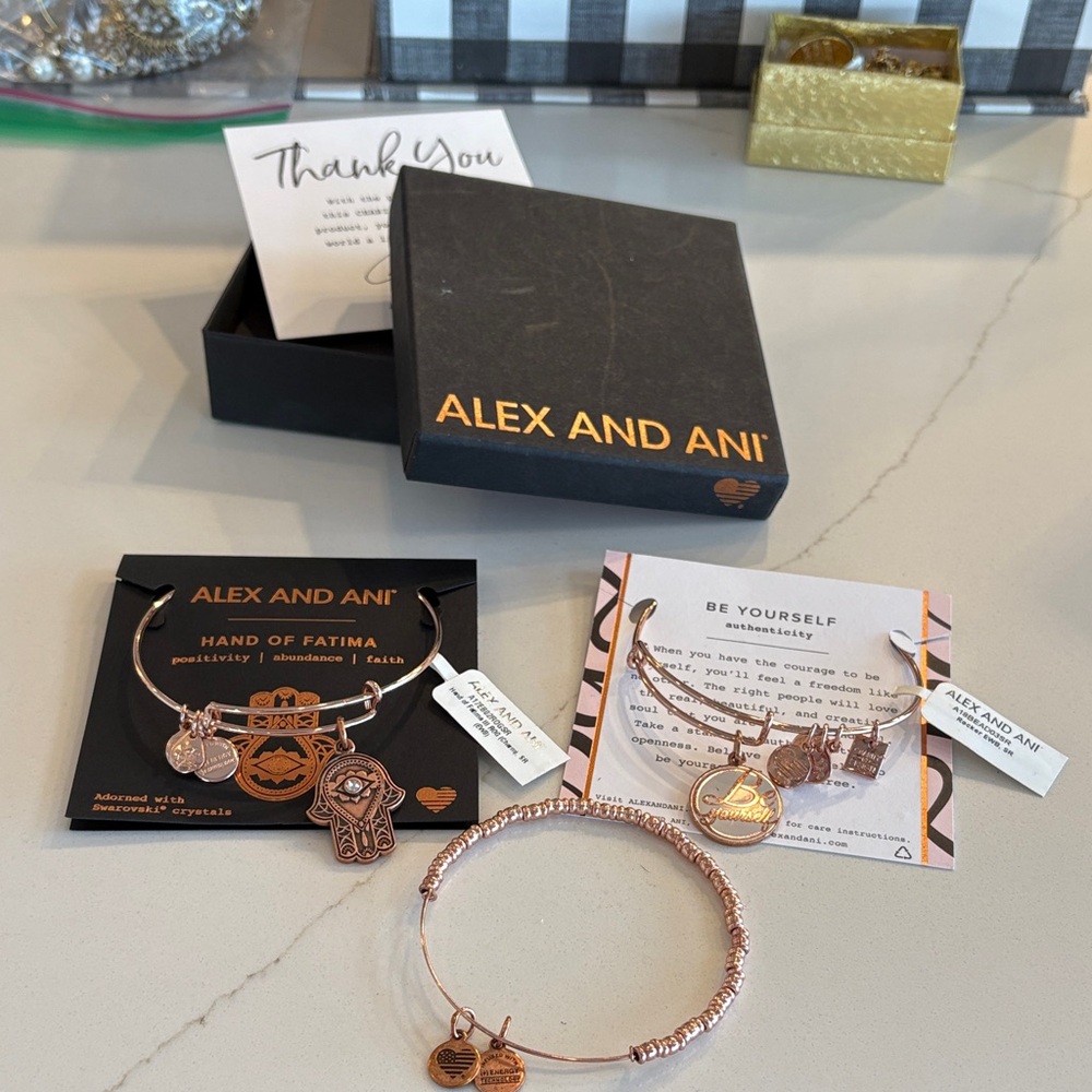 Alex and Ani Rose Gold Bracelet Set - Hand of Fatima & Be Yourself Charms